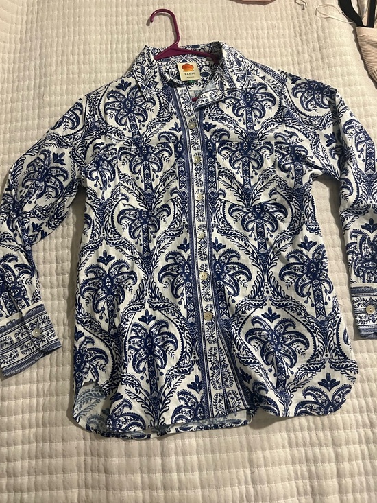 FARM Rio Tops - FARM Rio NWOT White Button-Down Shirt with Blue Printed Motif